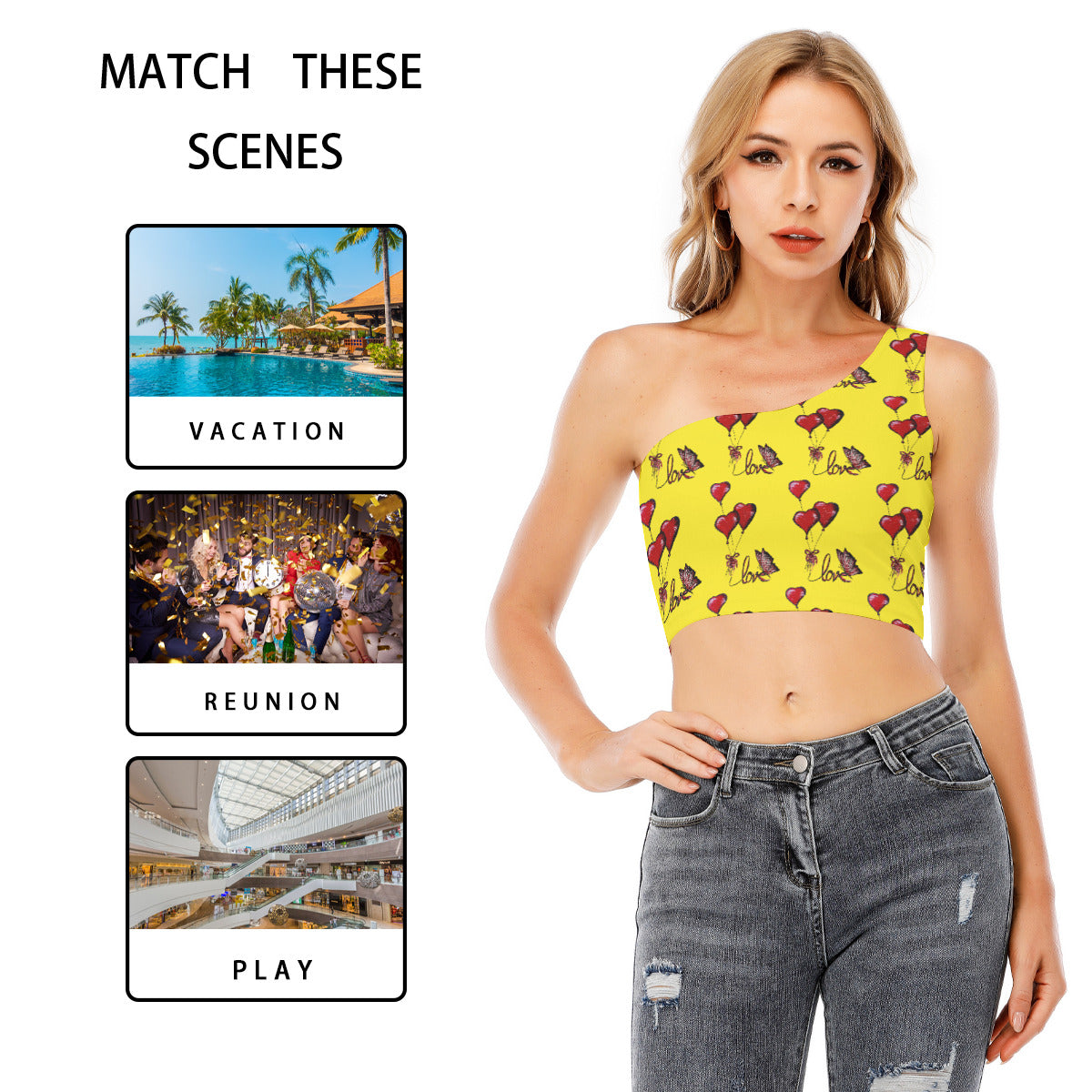 All-Over Print Women's One-Shoulder Cropped Top