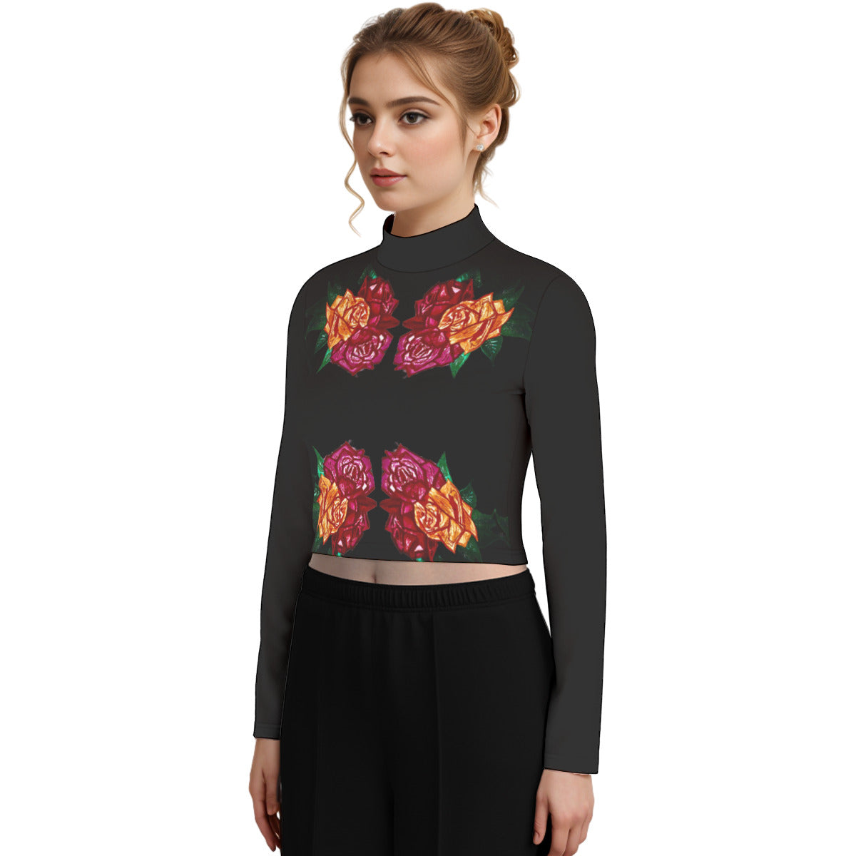 Eco-Friendly All-Over Print Women's Turtleneck T-shirt With Long Sleeve