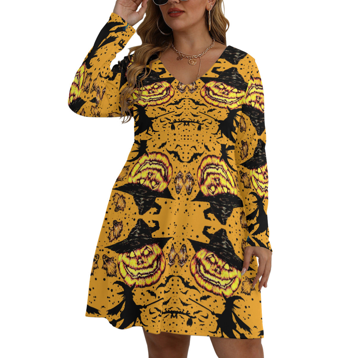 All-Over Print Women's V-neck Long Sleeve Dress(Plus Size)