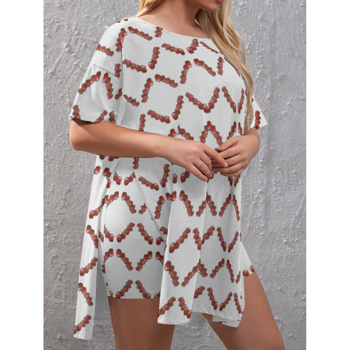 All-Over Print Women's Drop-Shoulder T-Shirt with Side Split and Shorts (Plus Size)
