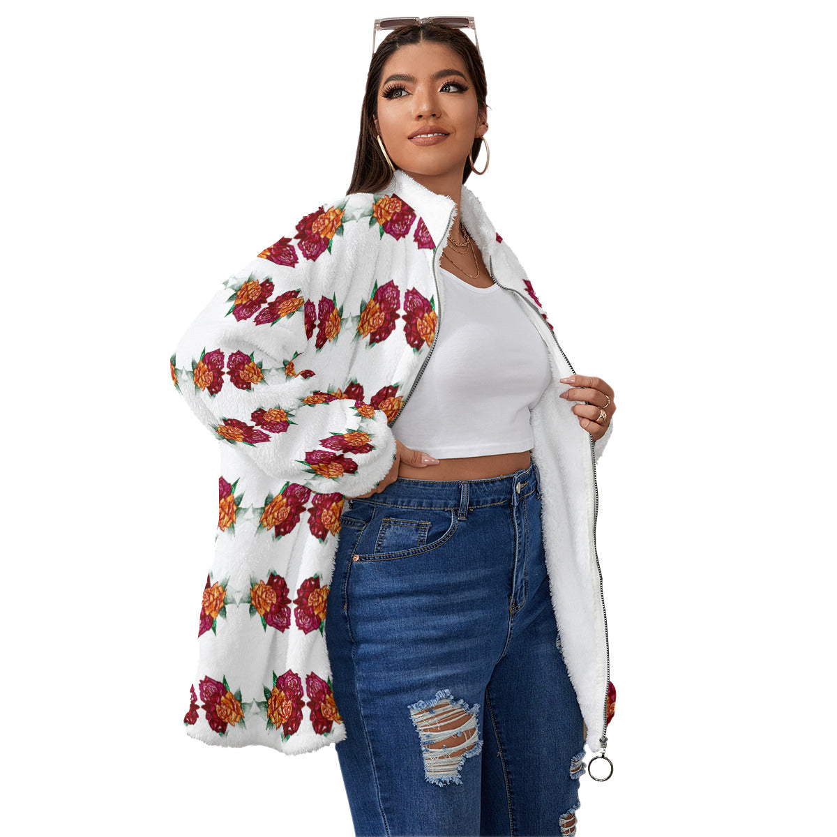 All-Over Print Unisex Borg Fleece Stand-up Collar Coat With Zipper Closure(Plus Size)