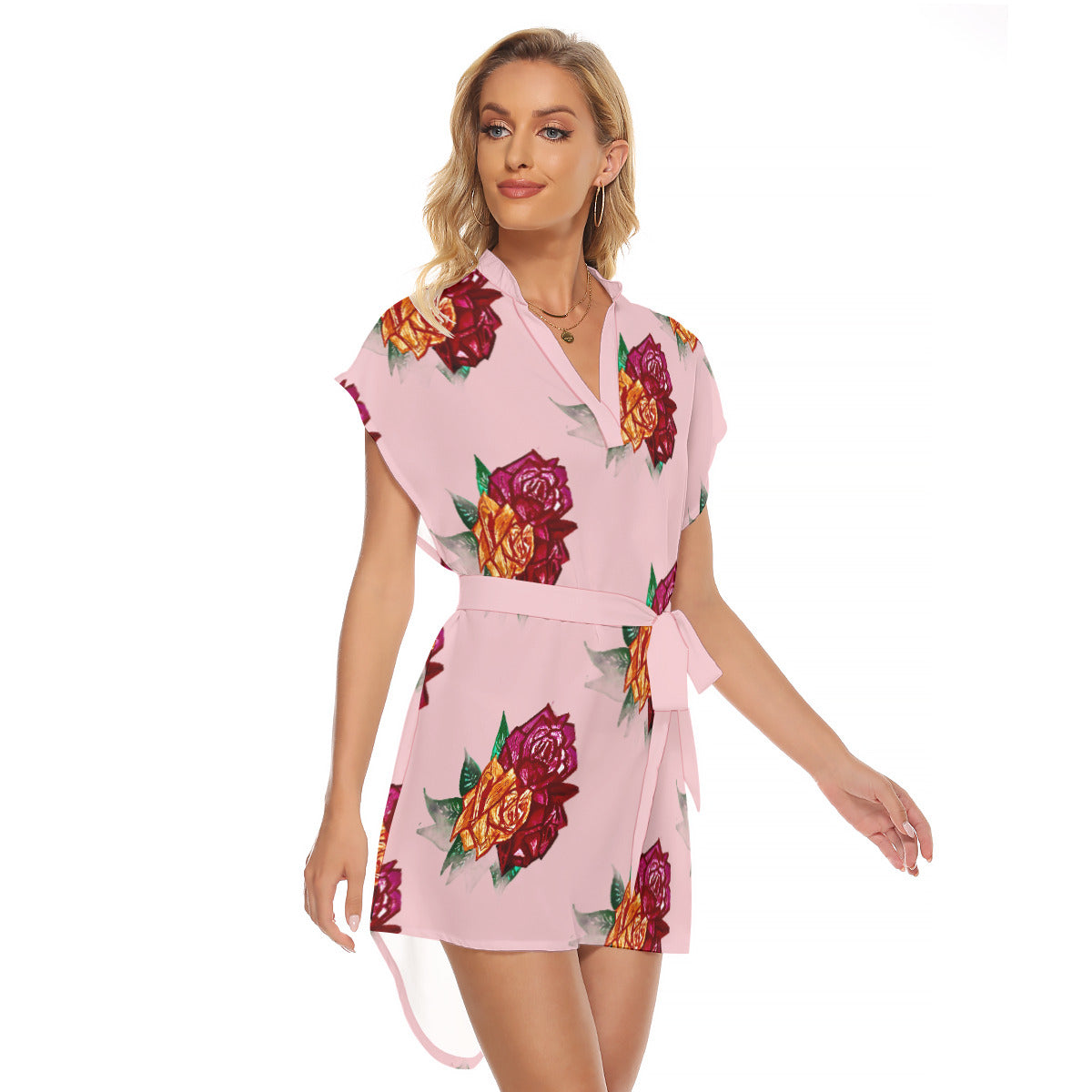 All-Over Print Women's Stand-up Collar Casual Dress With Belt