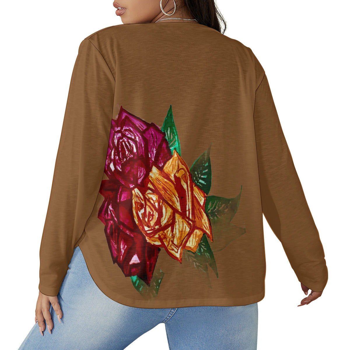 All-Over Print Women's V-neck T-shirt With Curved Hem(Plus Size)
