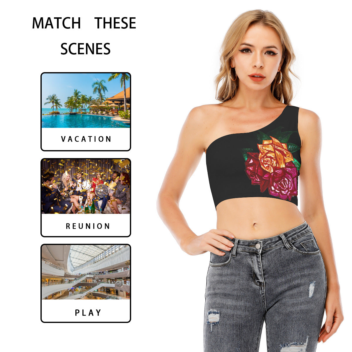 All-Over Print Women's One-Shoulder Cropped Top
