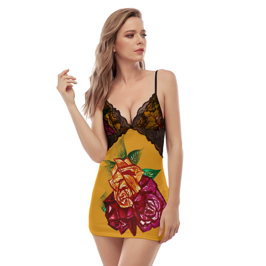 All-Over Print Women's Back Straps Cami Dress With Lace