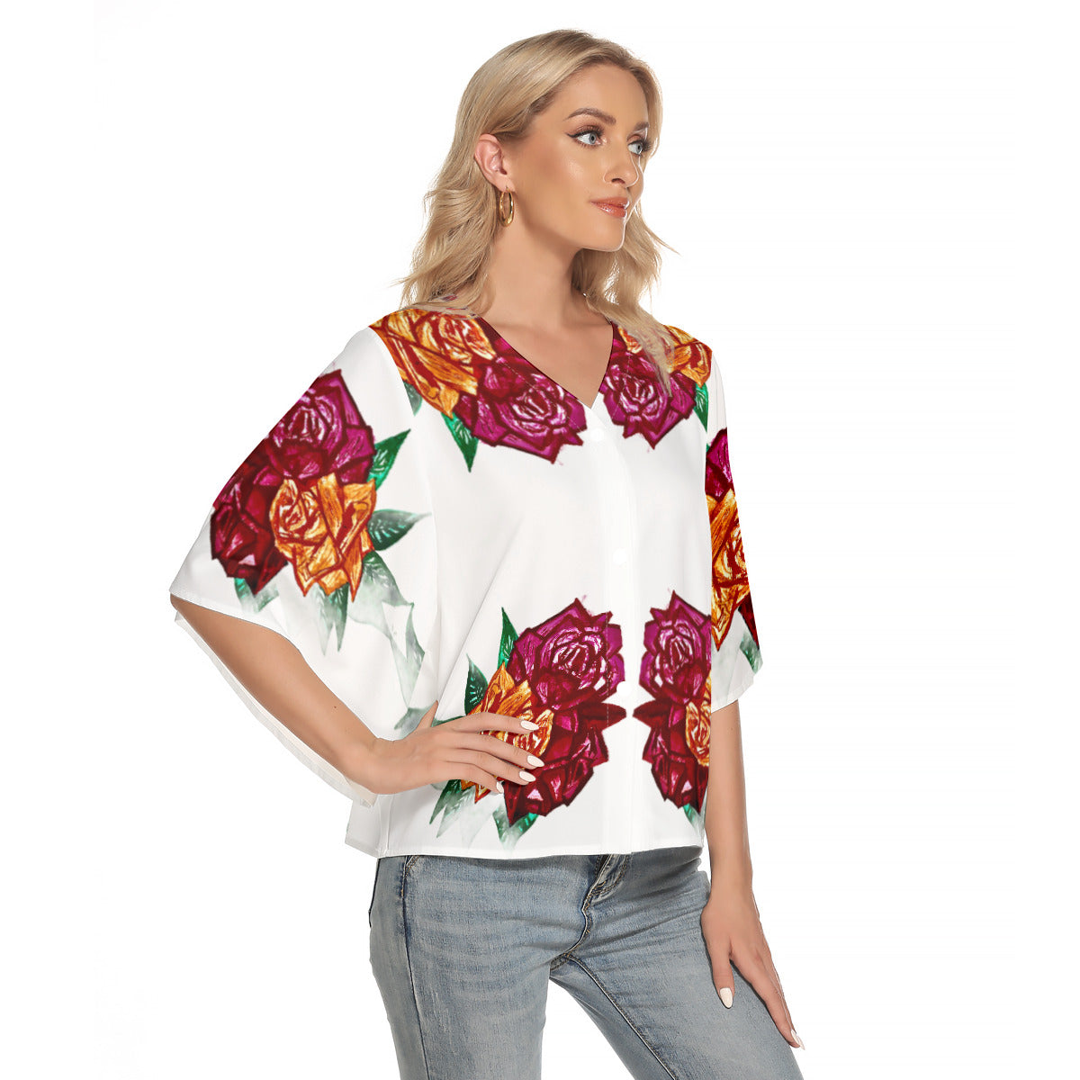 All-Over Print Women's Bat Sleeve Light V-neck Front Buttoned Top