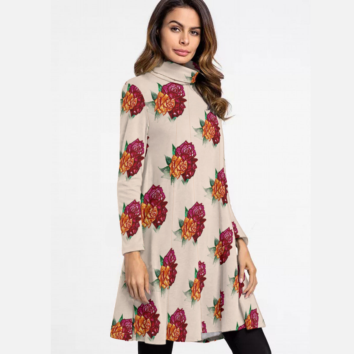 All-Over Print Women's High Neck Dress With Long Sleeve