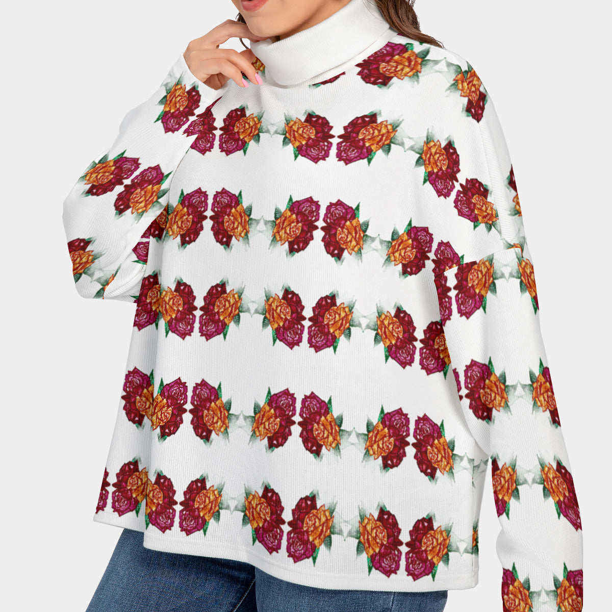 All-Over Print Women's Turtleneck Imitation Knitted Sweater (Plus Size)