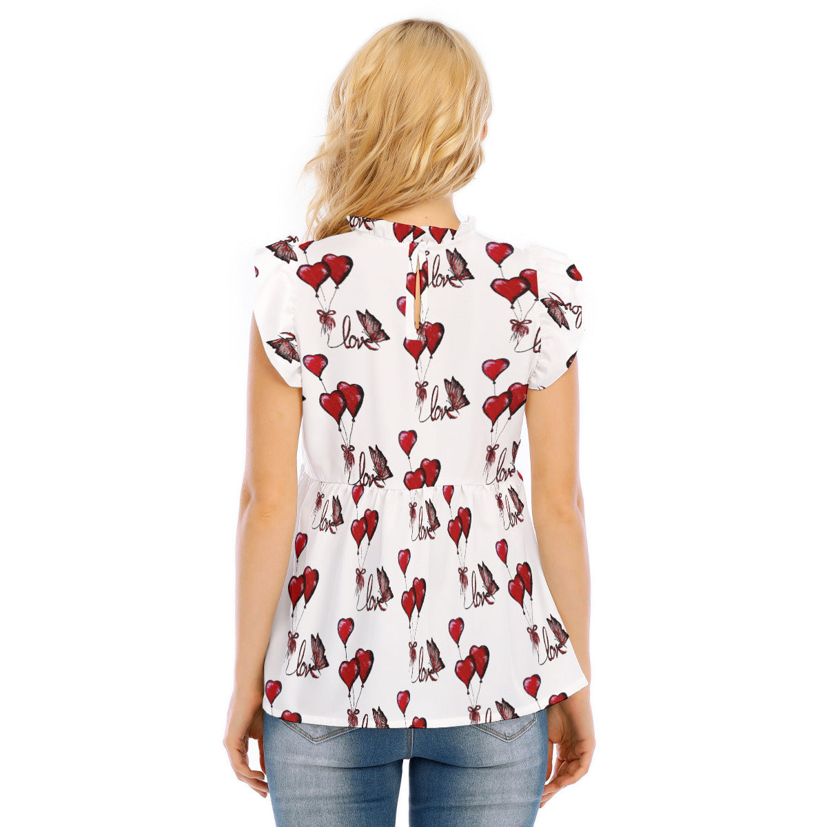 All-Over Print Women's Blouse With Lotus Leaf Lace