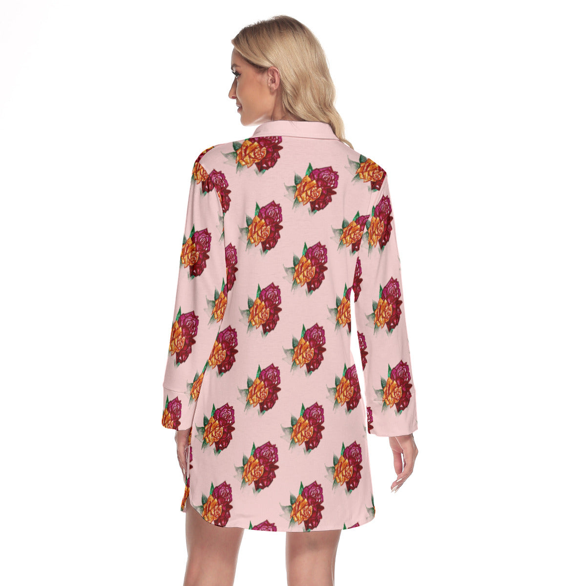 All-Over Print Women's Lapel Shirt Dress With Long Sleeve