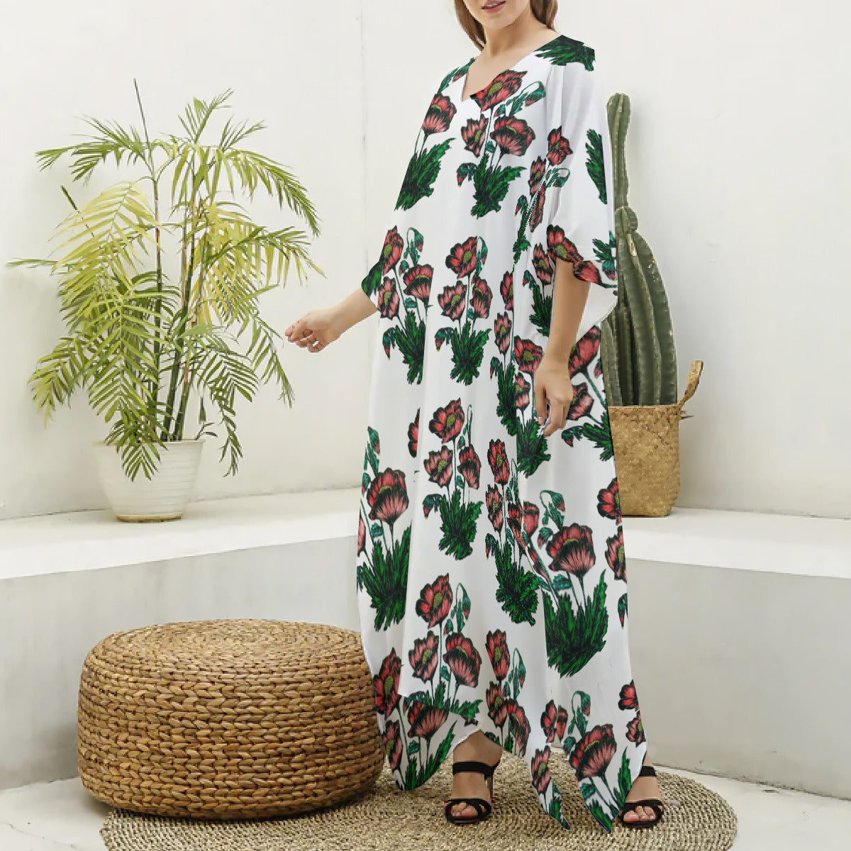All-Over Print Women's Imitation Silk V-neck Kaftan Robe