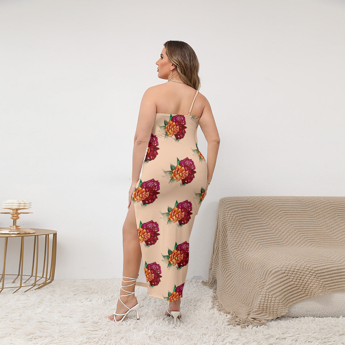 All-Over Print Women's Oblique-Shoulder Exposure Dress With Side Split (Plus Size)