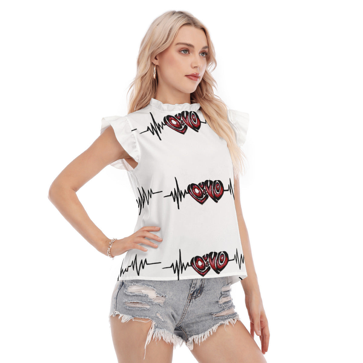 All-Over Print Women's Blouse With Ruffle Collar And Sleeve