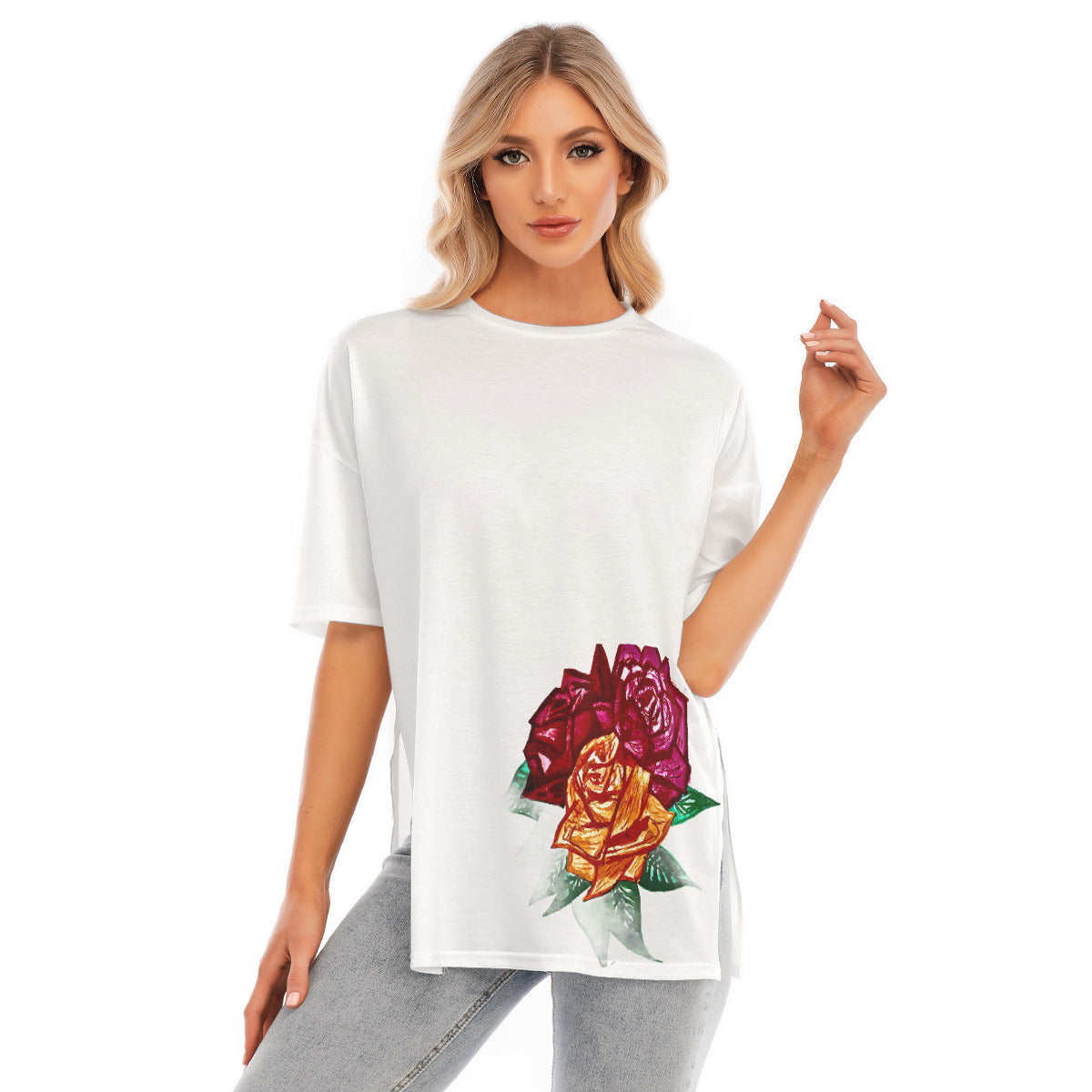 All-Over Print Women's Short Sleeves T-shirt With Hem Split