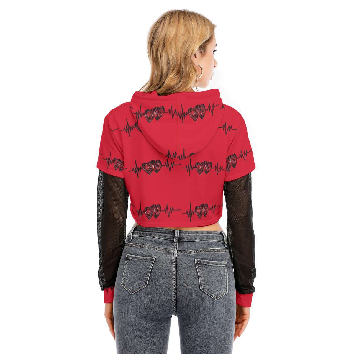 All-Over Print Women's Fake Two-piece Mesh Sleeve Cropped Hoodie