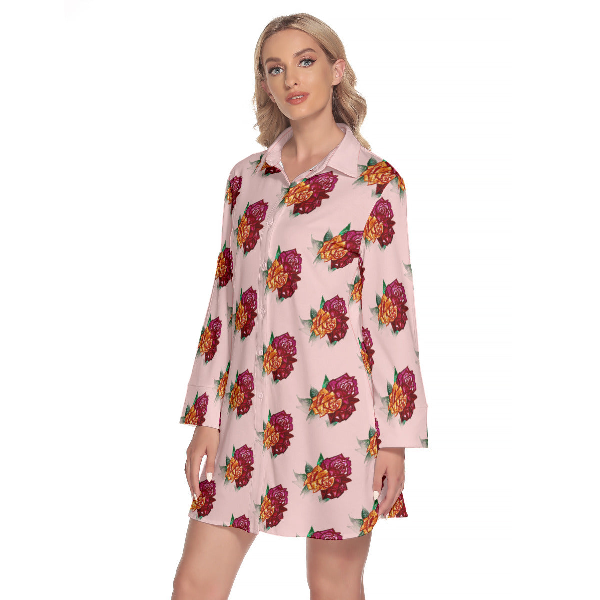 All-Over Print Women's Lapel Shirt Dress With Long Sleeve