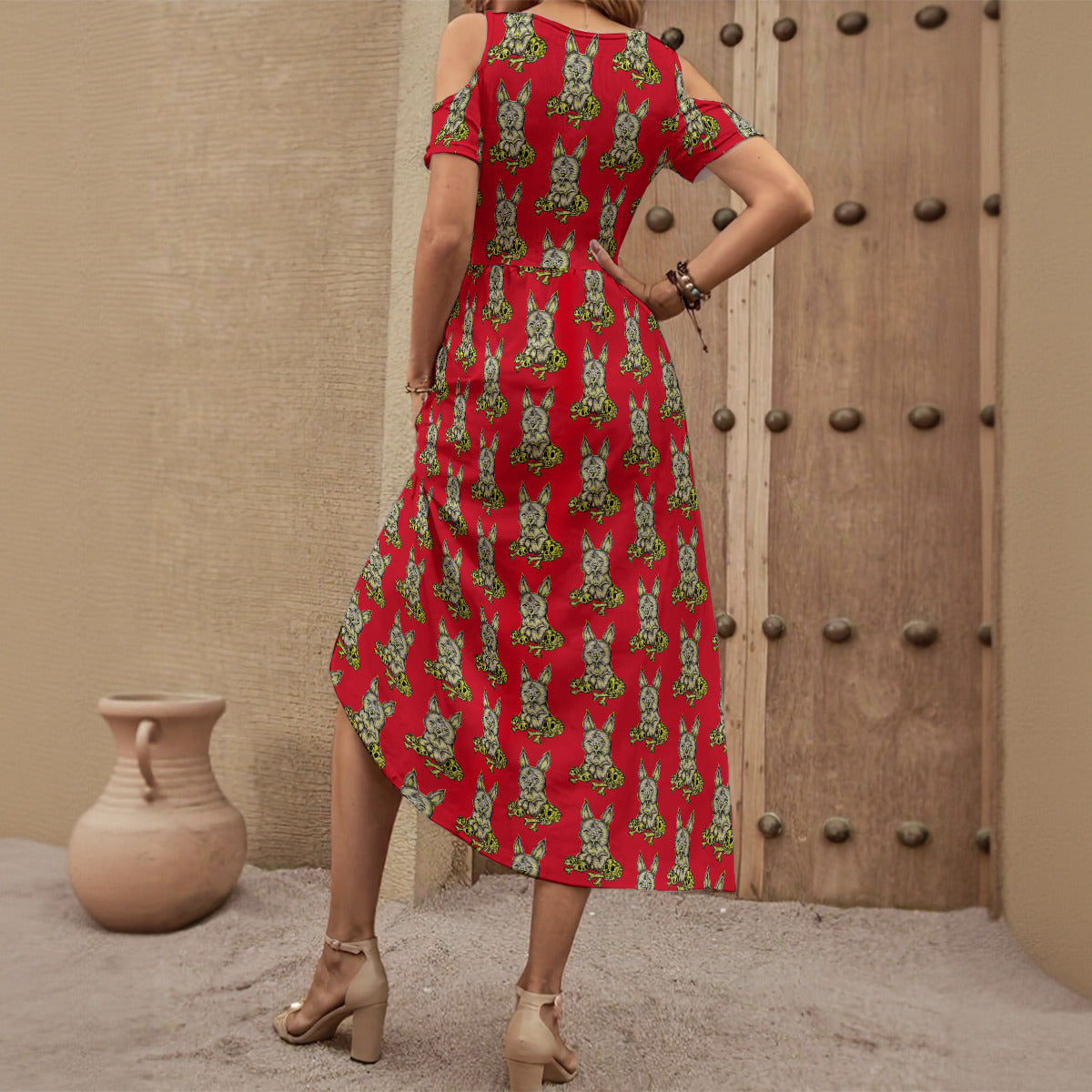 All-Over Print Women's V-neck Off-shoulder Dress