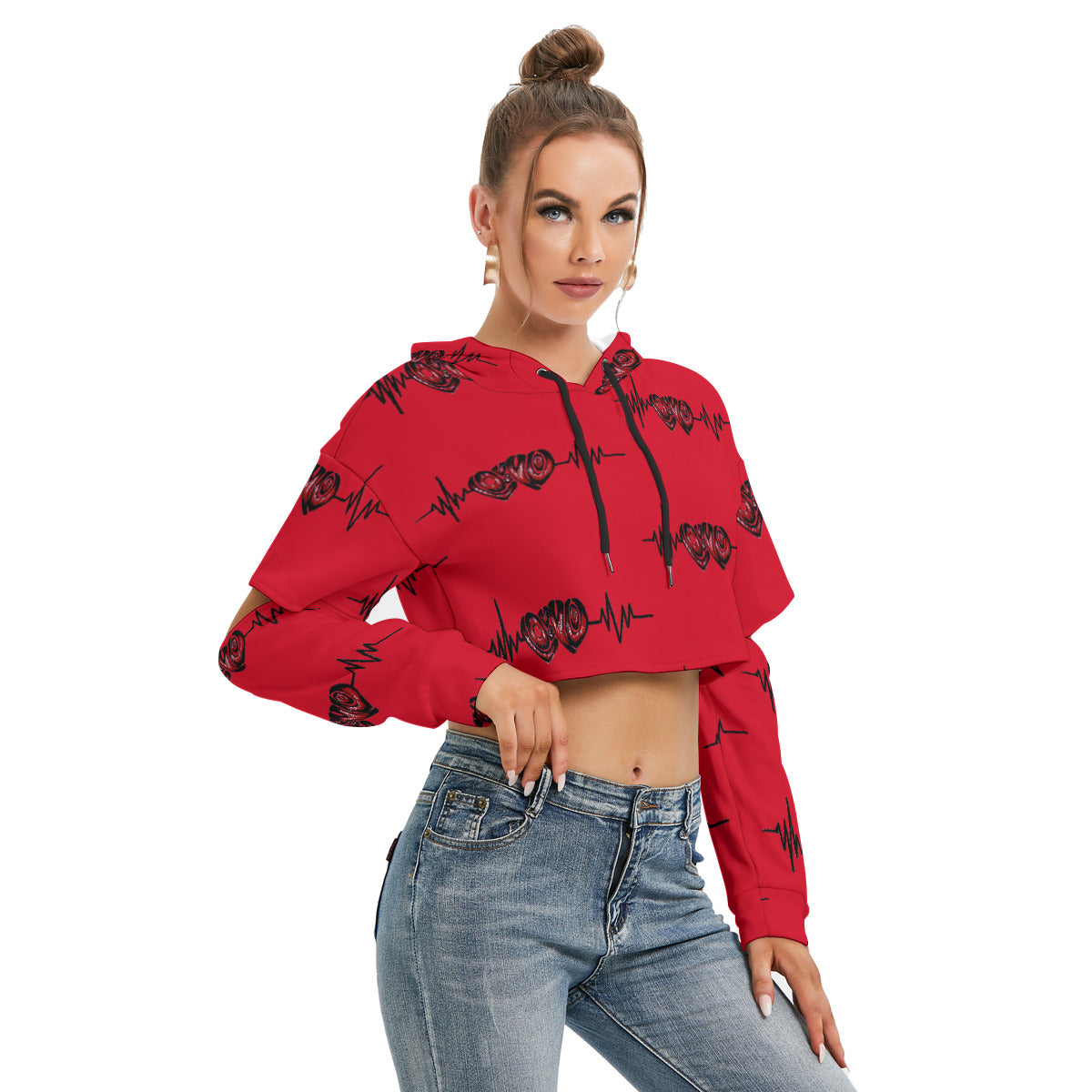 All-Over Print Women's Heavy Fleece Hoodie With Hollow Out Sleeve