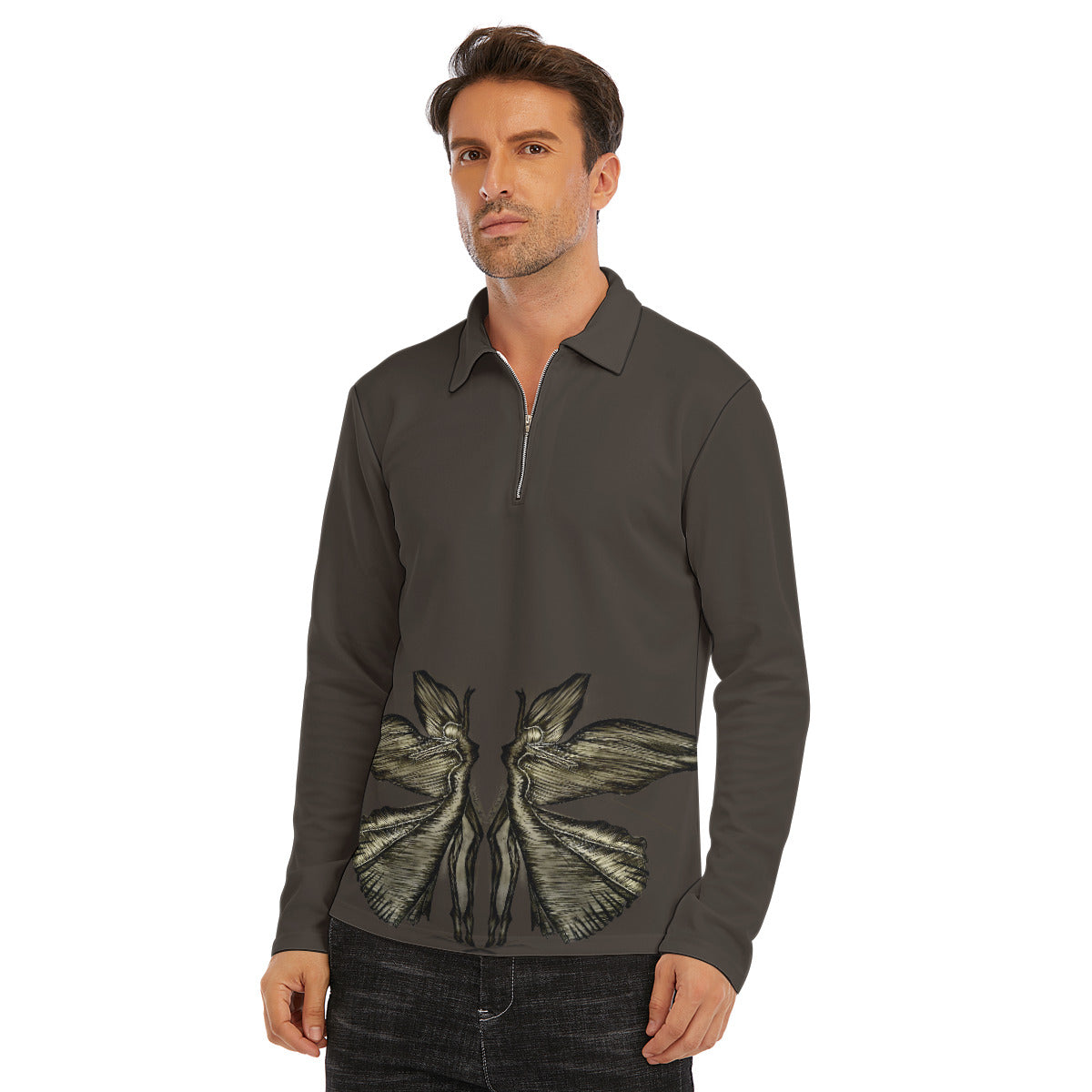 All-Over Print Men's Lapel T-shirt With Neckline Zipper Closure