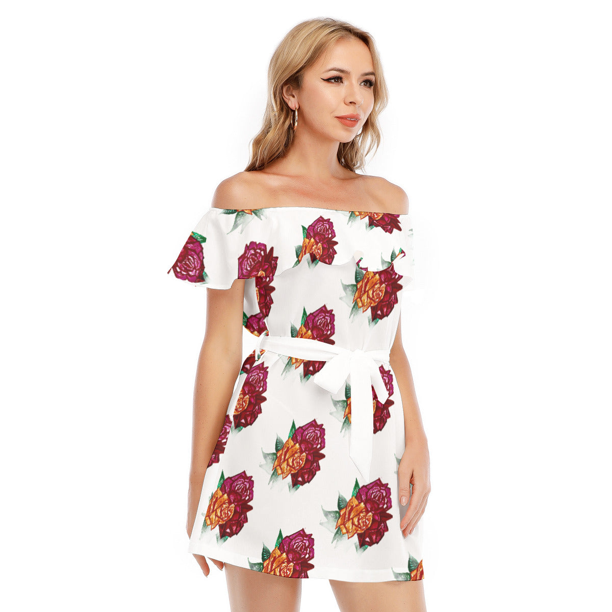 All-Over Print Women's Off-shoulder Dress With Ruffle