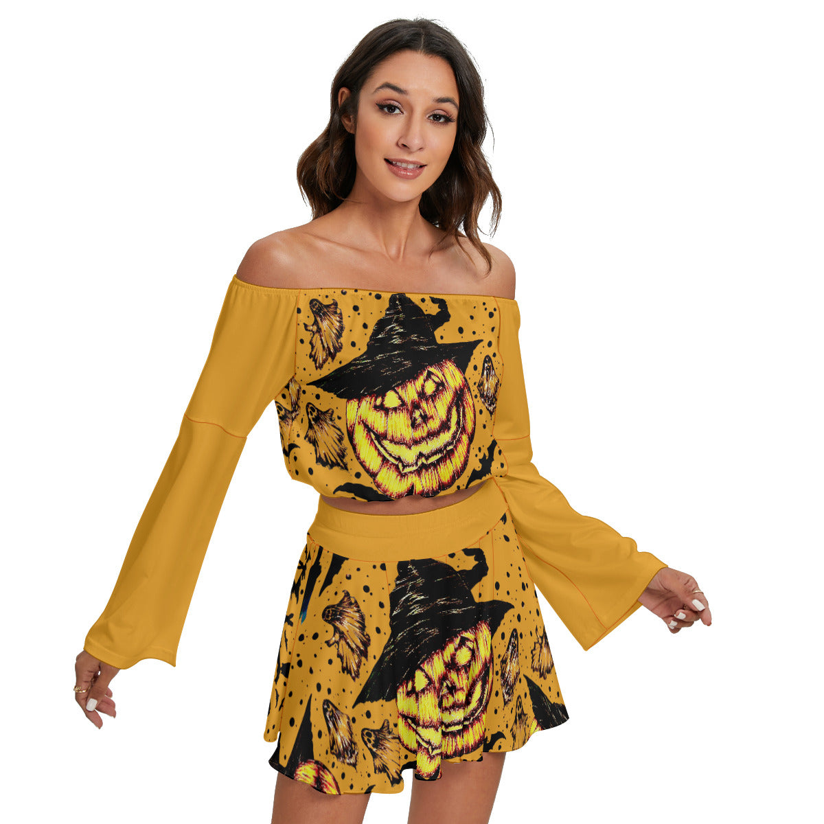 All-Over Print Women's Off-shoulder Top And Skirt Set