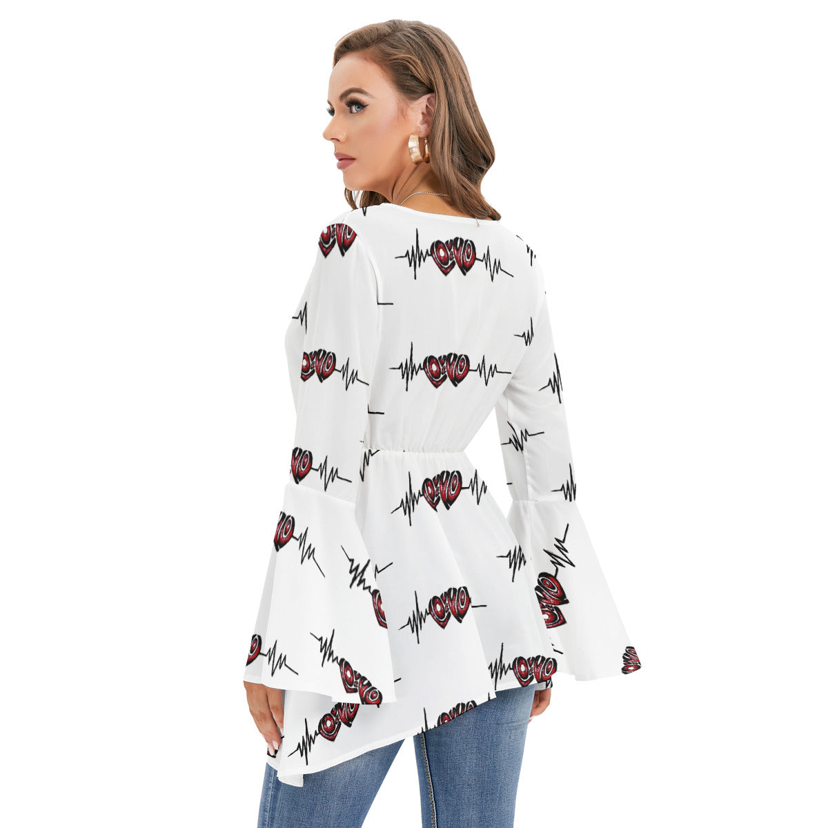 All-Over Print Women's V-neck Blouse With Flared Sleeves