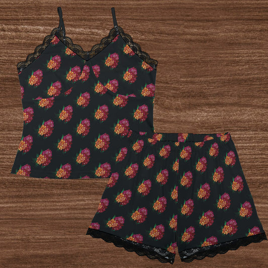 All-Over Print Women's Cami Home Suit With Lace Edge