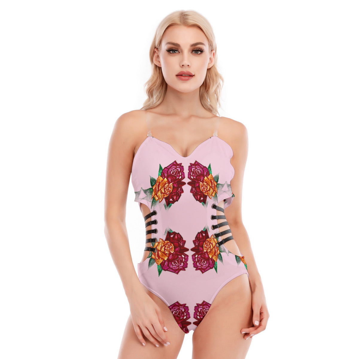 All-Over Print Women's Tube Top Bodysuit With Side Black Straps