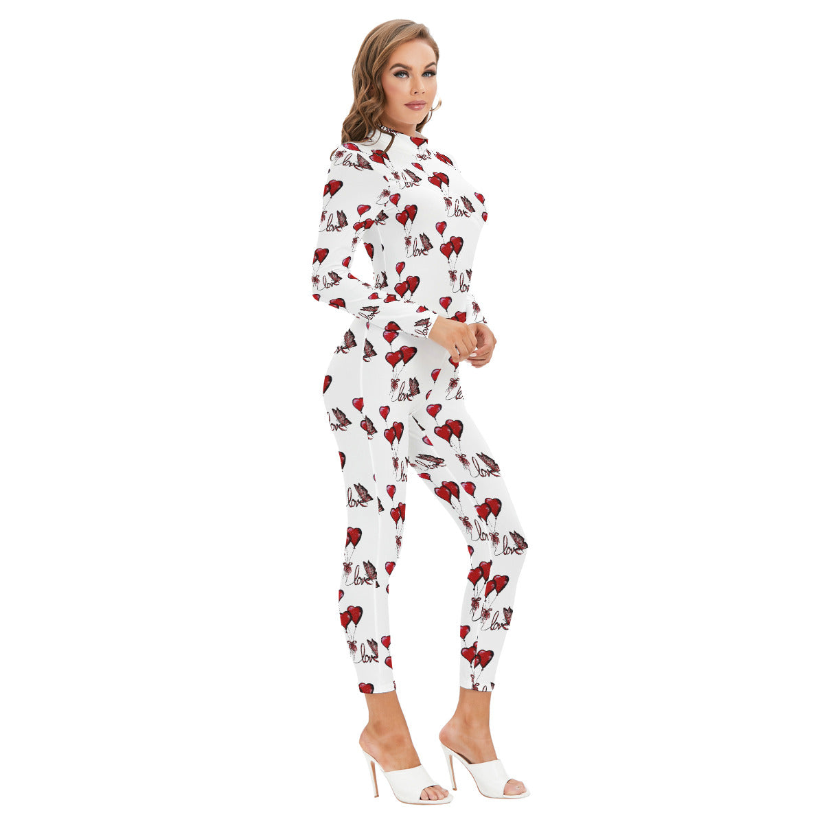 All-Over Print Women's Long-sleeved High-neck Jumpsuit With Zipper