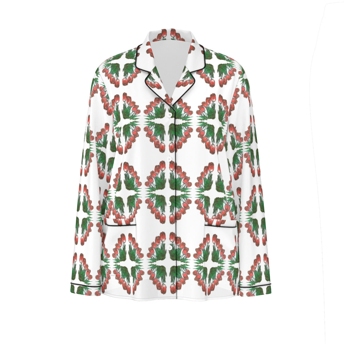 All-Over Print Women's Long Sleeve Pajama Set With Black Contrast Piping