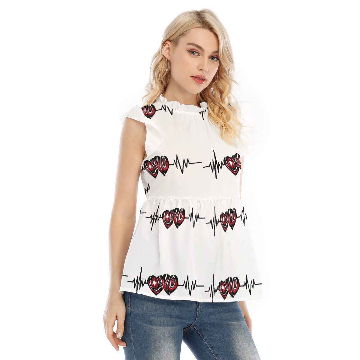 All-Over Print Women's Blouse With Lotus Leaf Lace