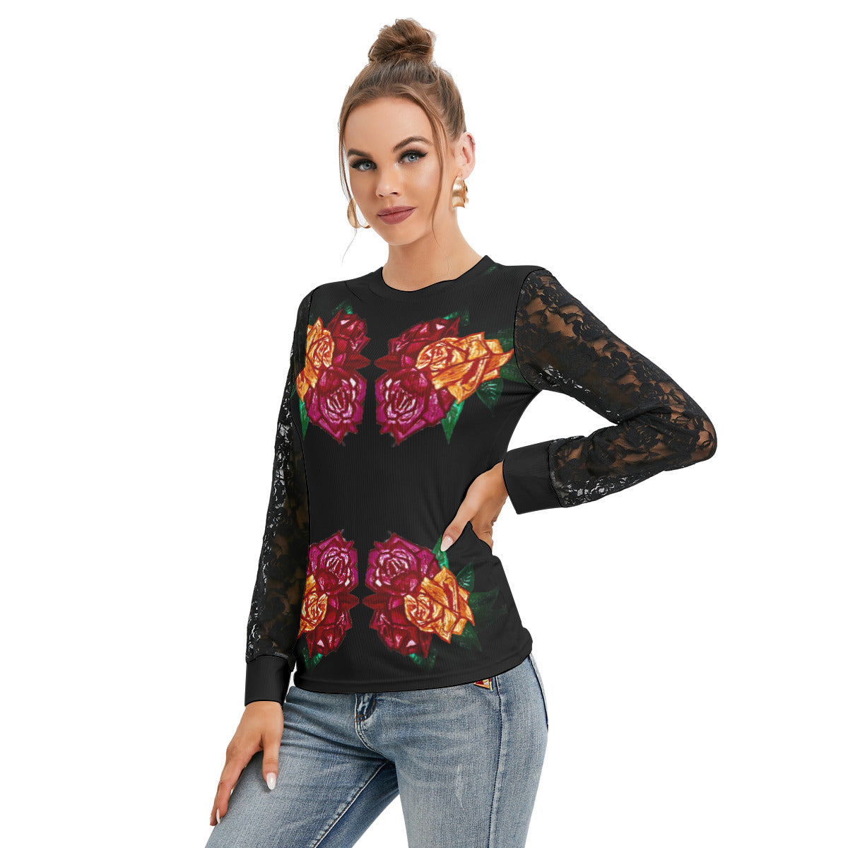 All-Over Print Women's T-shirt And Sleeve With Black Lace