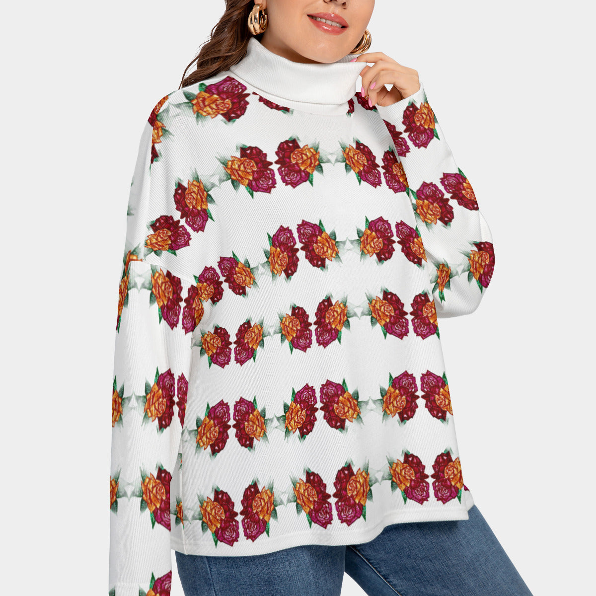 All-Over Print Women's Turtleneck Imitation Knitted Sweater (Plus Size)