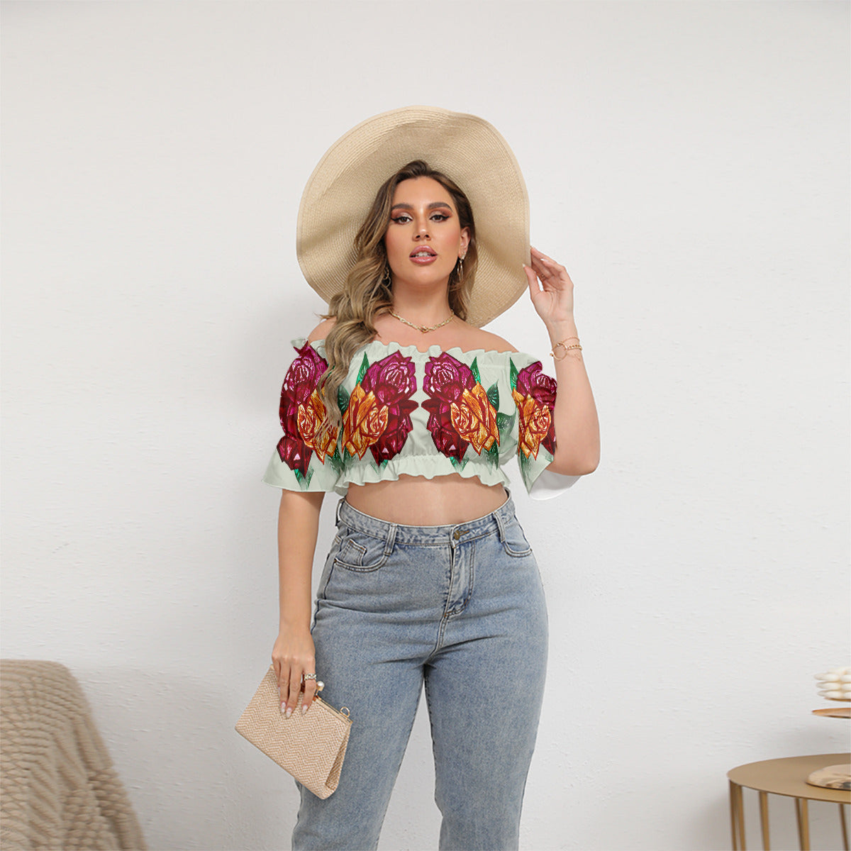 All-Over Print Women's Off-shoulder Cropped Top With Short Puff Sleeve