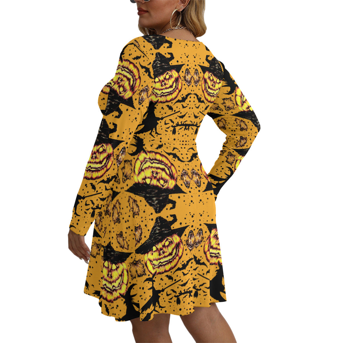 All-Over Print Women's V-neck Long Sleeve Dress(Plus Size)