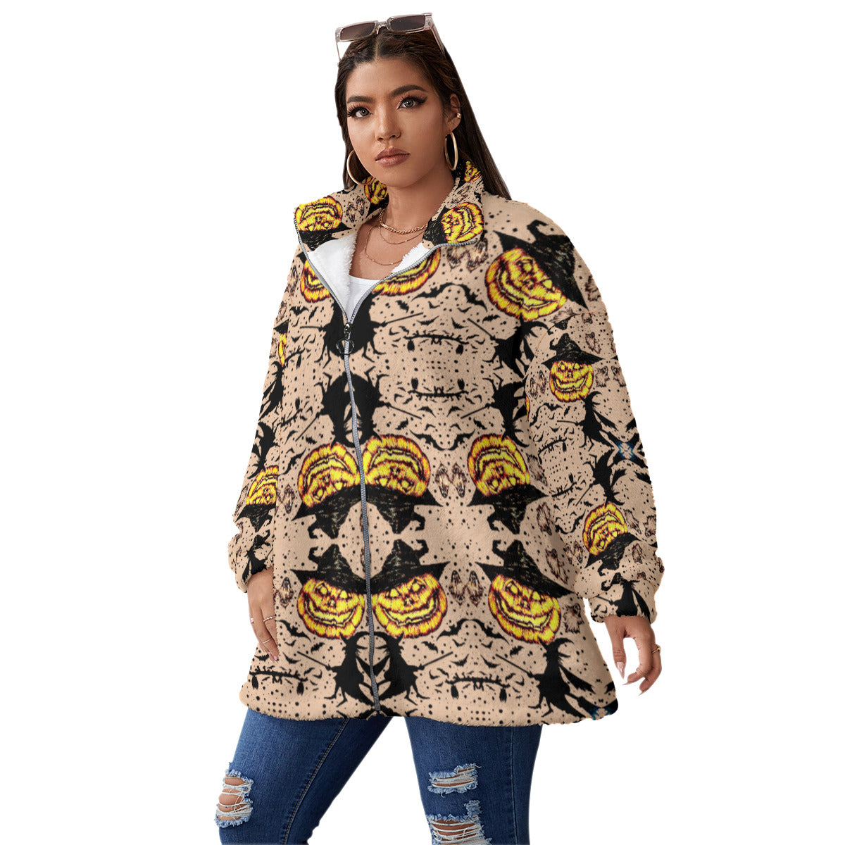 All-Over Print Unisex Borg Fleece Stand-up Collar Coat With Zipper Closure(Plus Size)