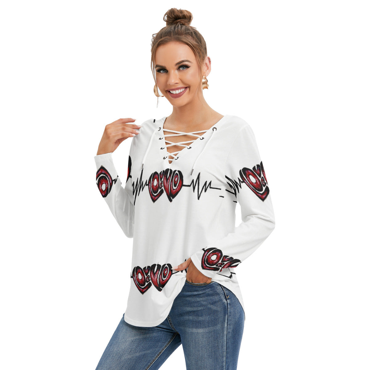 All-Over Print Women's Long Sleeve Neckline Tie Sweatshirt