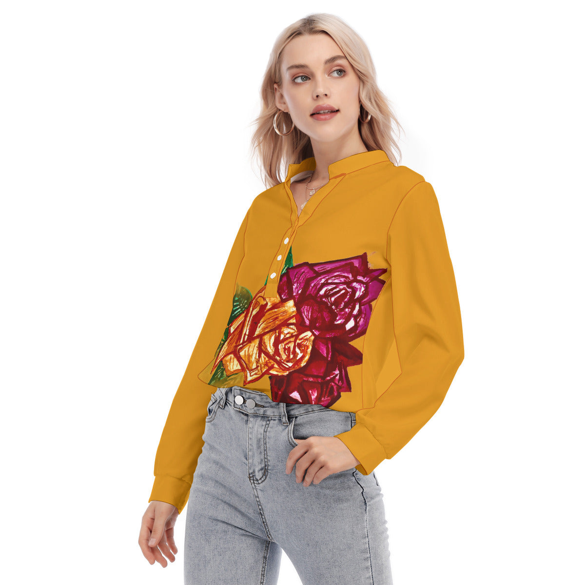 All-Over Print Women's Long Sleeve Blouse With Button Closure