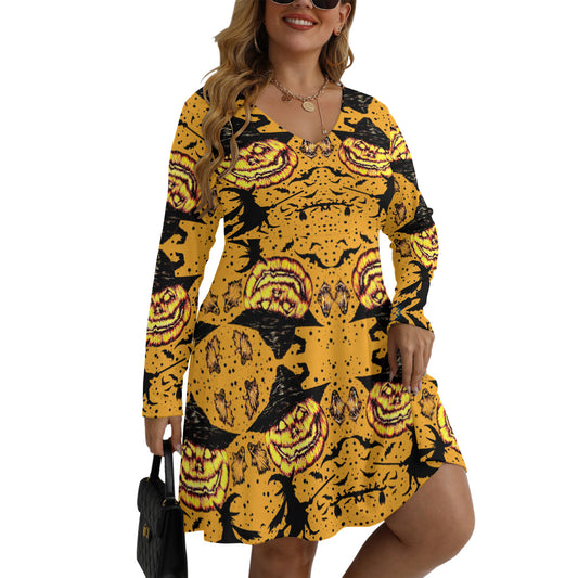All-Over Print Women's V-neck Long Sleeve Dress(Plus Size)