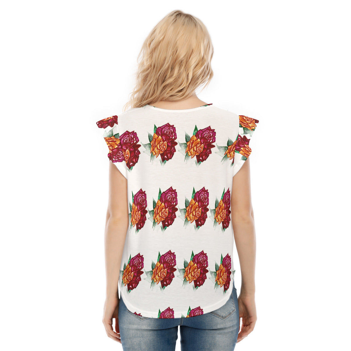 All-Over Print Women's O-neck T-shirt With Ruffle Sleeves