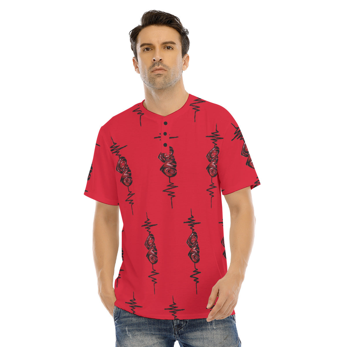 All-Over Print Men's Short Sleeve T-shirt With Button Closure