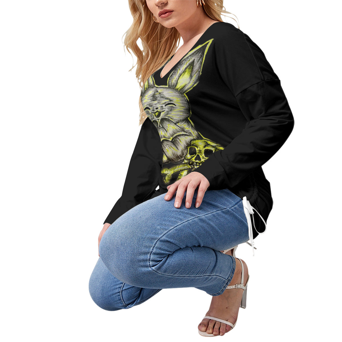All-Over Print Women’s V-neck T-shirt With Side Drawstring(Plus Size)
