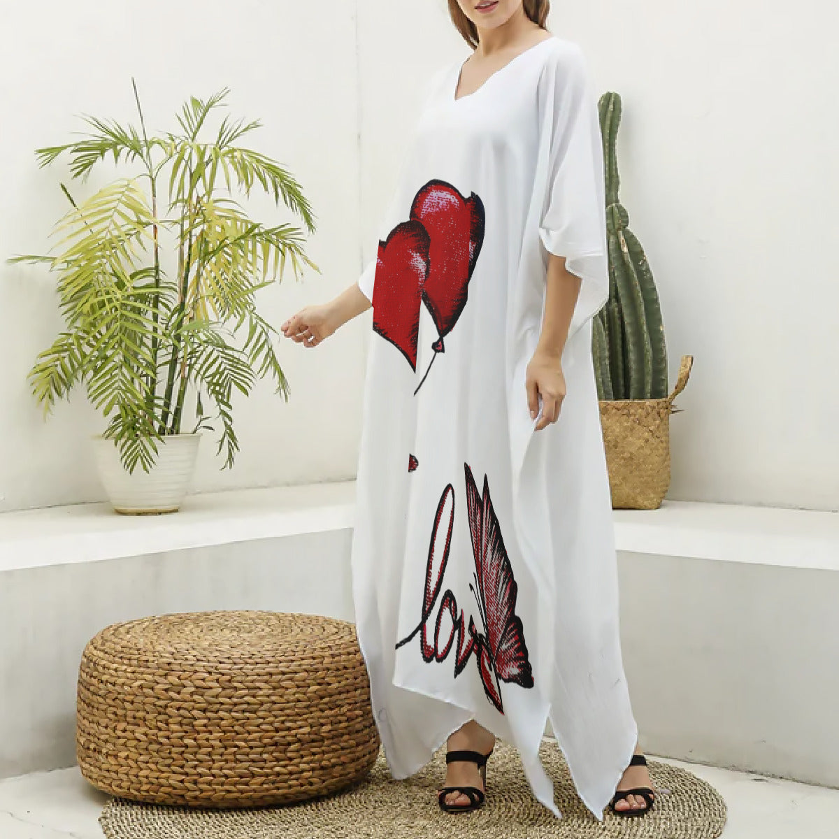 All-Over Print Women's Imitation Silk V-neck Kaftan Robe