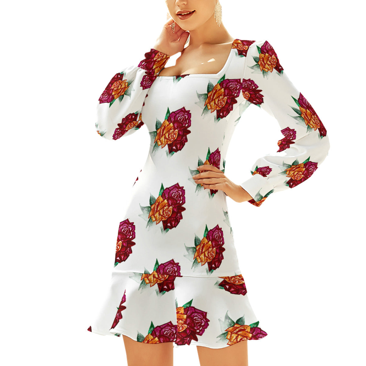 All-Over Print Women's Ruffle Hem Skinny Dress