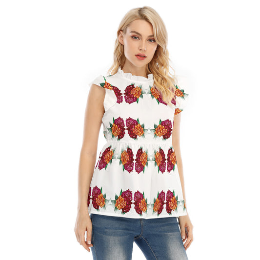 All-Over Print Women's Blouse With Lotus Leaf Lace