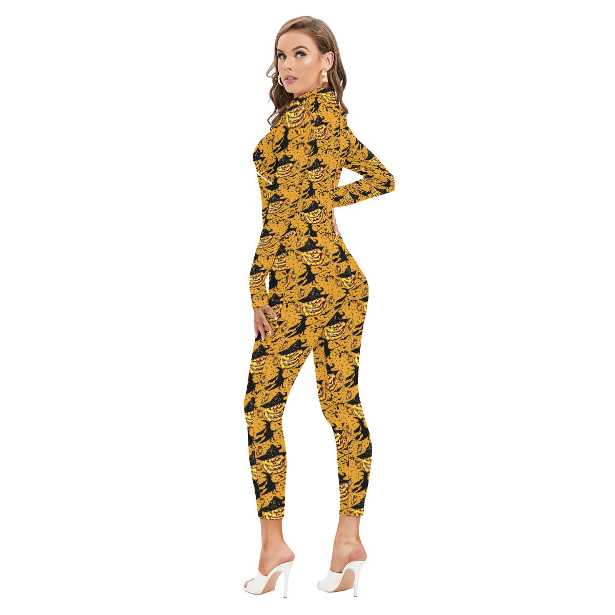 All-Over Print Women's Long-sleeved High-neck Jumpsuit With Zipper