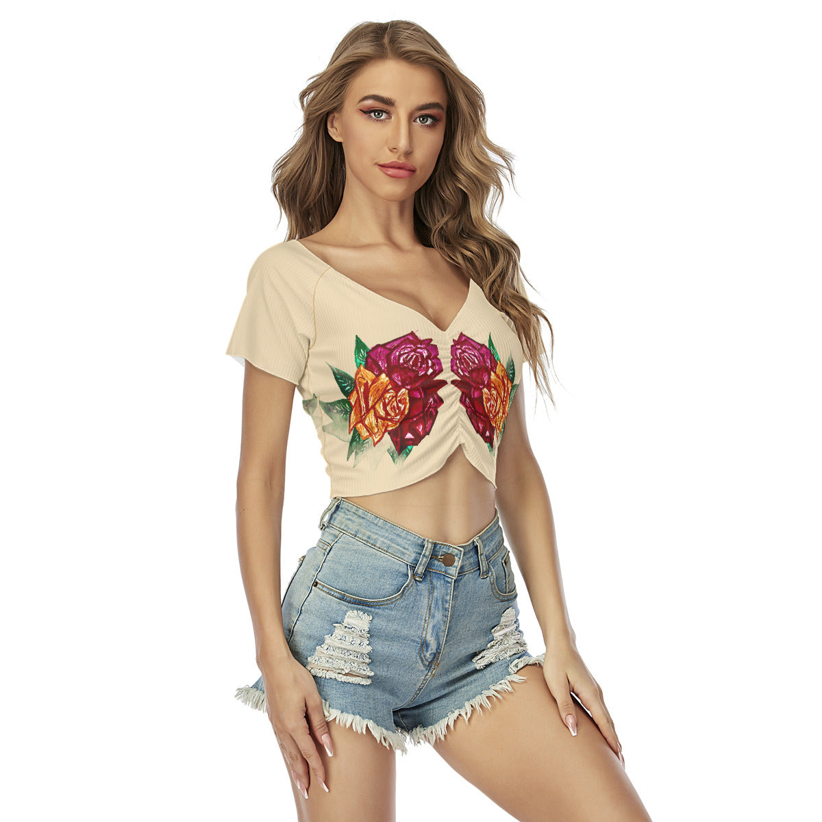 All-Over Print Women's Raglan Drawstring Front Crop Tee