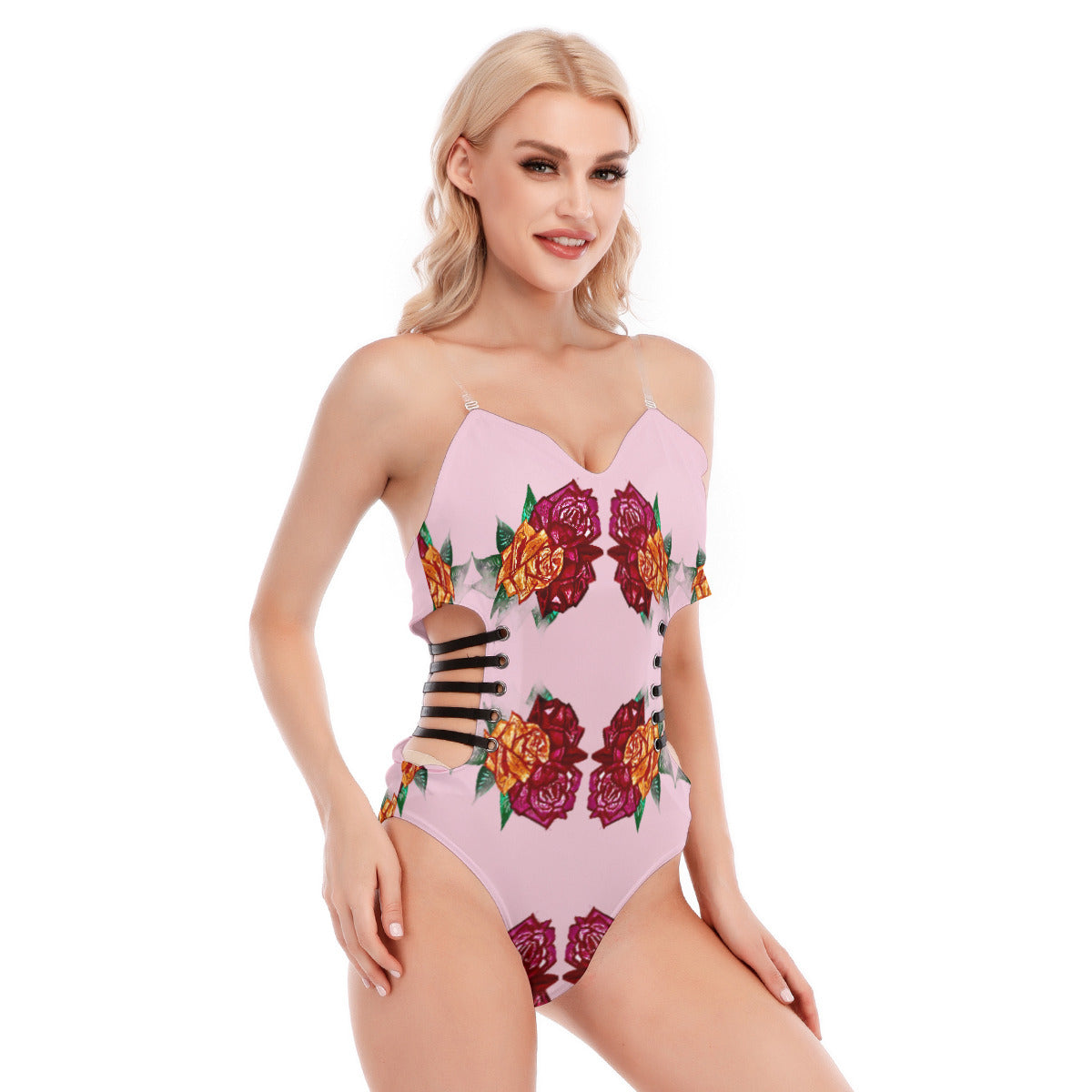 All-Over Print Women's Tube Top Bodysuit With Side Black Straps