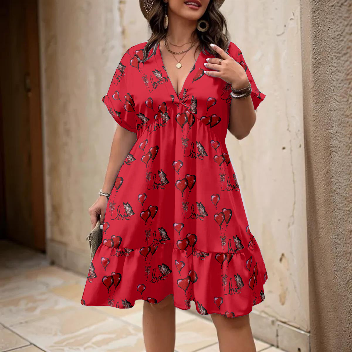 All-Over Print Women’s Floral V-Neck Short Sleeve Dress
