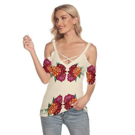 All-Over Print Women's Cold Shoulder T-shirt With Criss Cross Strips